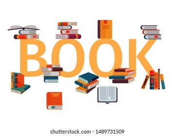 Stack of books on gigant letters on a white background vector illustration. Piles of books and open journals. Icon stack of books in flat style for library or school.
