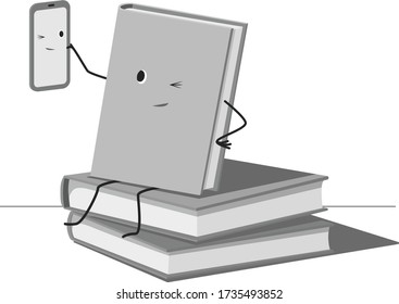 A stack of books. On a stack a live book takes a selfie