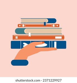 A stack of books on the palm. Vector illustration dedicated to the Day of Book Lovers. The concept of promotion of reading. World Book Day. Cute print sticker, banner, card, poster.