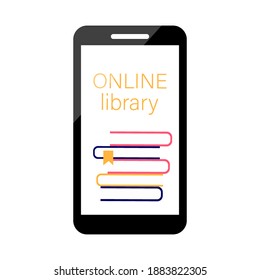 Stack of books on the phone screen. Online library. Vector flat style illustration.
