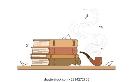 Stack of books on shelf with smoking tobacco pipe and floating paper remnants.