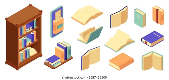 Stack of books on shelves, isolated open and close textbooks with bookmarks. Vector stack or pile of reading publications. Studying and learning. Library literature or bookcase content, workplace