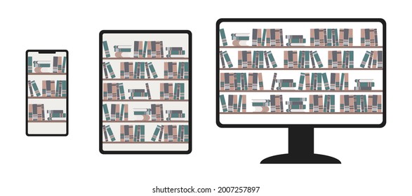 Stack of books on shelves in online library on phone, tablet and desktop. Set of elemnt for digital bookstore illustration. Storage for documents and university literature in application.