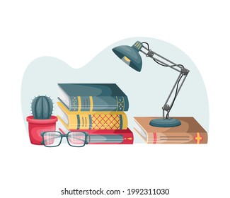 A stack of books on a table with a reading lamp, fLower in a pot and glasses. Books in the interior. Education, reading.
