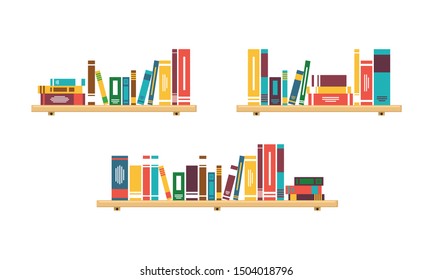 Stack of Books on the wall with bookshelves collection on white background vector illustration