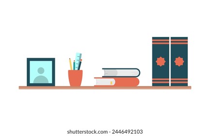 Pila de libros en la pared con estantes colección sobre fondo blanco Ilustración vectorial