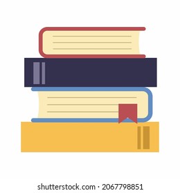 Stack of books on white background. Vector illustration. Textbook with bookmark.