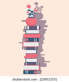 Stack of books on a white background. Pile of books vector illustration with flower pot or vase for growth . Icon stack of books in flat style.