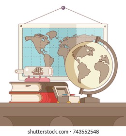 Stack of books on a wooden table. Globe and world map. Ship in a glass bottle. Vintage compass in a box.