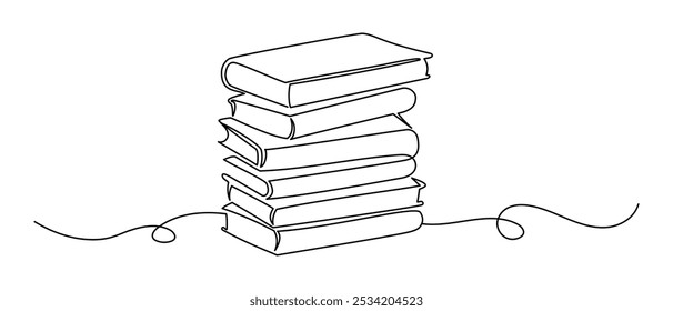 Empilhar livros em um desenho de linha contínua. Educação na escola e biblioteca estudando em estilo linear simples.Escrevendo negócios rascunho em AVC editável. Desenhar a ilustração do vetor 'oneline'