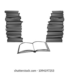 Stack of books and open book