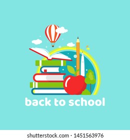 Stack of books, open book, air balloon, apple and rainbow on blue background. Vector flat illustration. reading and learning power logo. Imagination and inspiration picture. Back to school concept
