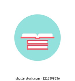 stack of books and open book in blue circle isolated on white background. Flat squared reading icon. Vector illustration. Education logo. Knowledge pictogram.