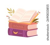 Stack of books and open book with branches. Blooming books, paper sheets with flowers. Flat vector illustration isolated