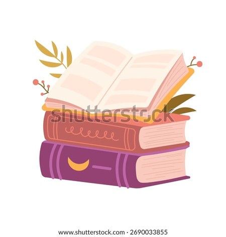 Stack of books and open book with branches. Blooming books, paper sheets with flowers. Flat vector illustration isolated