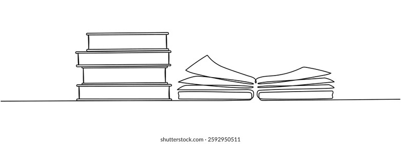 Stack of books with open book continuous line drawing. School education concept. Vector illustration isolated on white.