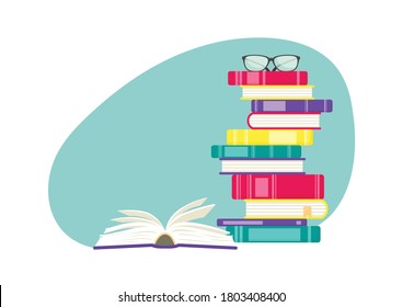 Stack of books with open book and eyeglasses. Education vector illustration.