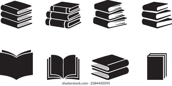 Stack of Books and Open Book Icons Set Black and White Book Silhouettes Collection