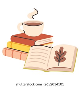 Stack of books, open book with leaf, and hot cup of coffee arranged together. Cozy composition for reading, journaling, or relaxing study time