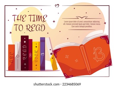 Stack of books and open book. Book lover, Reading, Book store, Library, Education concept. A4 vector illustration for flyer, poster, banner. 