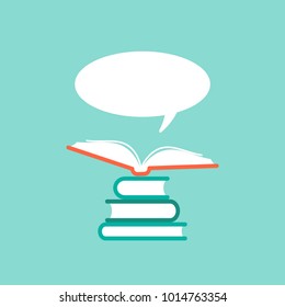 stack of books and open book with orange cover and  speech bubble flying out.  Isolated on powder blue background. Flat reading icon. Vector illustration. quotation logo. tip, hint, prompt sign.