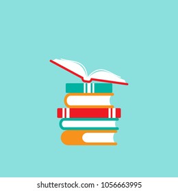 stack of books and open book with orange cover.  Isolated on powder blue background. Flat reading icon. Vector illustration. Education logo. Knowledge pictogram.
