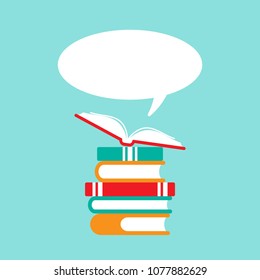 stack of books and open book with orange cover and  speech bubble flying out.  Isolated on powder blue background. Flat reading icon. Vector illustration. quotation logo. tip, hint, prompt sign.