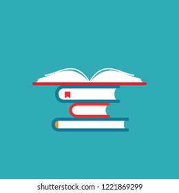 stack of books and open book with orange cover.  Isolated on blue background. Flat reading icon. Vector illustration. Education logo. Knowledge pictogram.