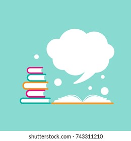 stack of books and open book with orange cover and white speech bubble flying out.  Isolated on powder blue background. Flat reading icon. Vector illustration. quotation logo. tip, hint, prompt sign.