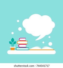 stack of books and open book with orange cover and white speech bubble flying out.  Isolated on powder blue background. Flat reading icon. Vector illustration. quotation logo. tip, hint, prompt sign.