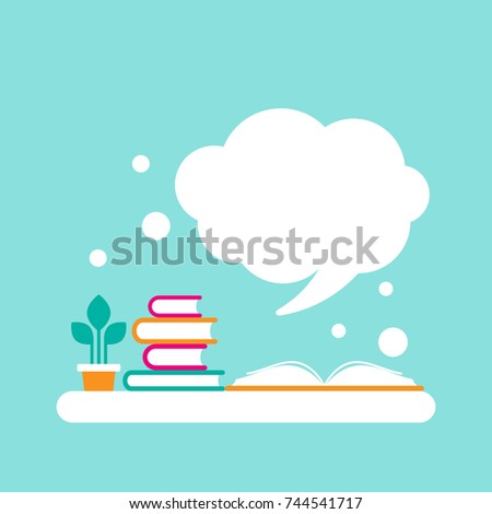 stack of books and open book with orange cover and white speech bubble flying out.  Isolated on powder blue background. Flat reading icon. Vector illustration. quotation logo. tip, hint, prompt sign.