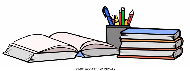 a stack of books, an open book, pencils and pens. education concept. Vector illustration.