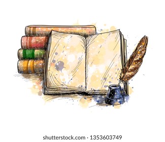 Stack of books, open book and quill pen from a splash of watercolor, hand drawn sketch. Vector illustration of paints