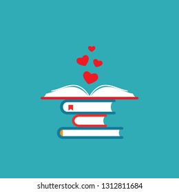 Stack of books with open book and red hearts. Isolated on blue background. bibliophile flat icon. Vector illustration. Love reading logo. Knowledge logo. Education pictogram. Study and learn symbol