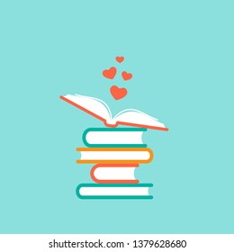 Stack of books with open book and red hearts. Isolated on blue background. bibliophile flat icon. Vector illustration. Love reading logo. Knowledge logo. Education pictogram. Study and learn symbol