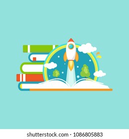 Stack of books, open book, rocket ship and rainbow. Isolated on blue background. Vector flat illustration. reading and learning power logo. Imagination and inspiration picture. Fantasy and creative