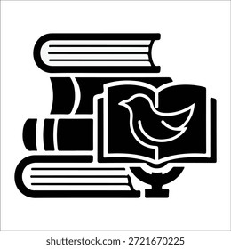 Pila de libros con un libro abierto que muestra una lectura del icono del pájaro