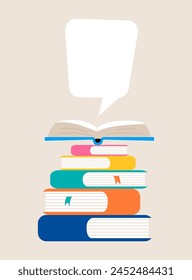 Stack of books and open book with speech bubble. Colorful vector illustration