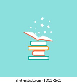 stack of books and open book with white stars flying out.  Isolated on powder blue background. Flat icon. Vector illustration. Magic reading logo. Fairytale pictogram. kids book. Knowledge. 