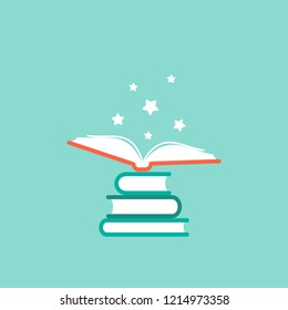 stack of books and open book with white stars flying out.  Isolated on powder blue background. Flat icon. Vector illustration. Magic reading logo. Fairytale pictogram. kids book. Knowledge. 