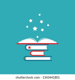 stack of books and open book with white stars flying out.  Isolated on blue background. Flat icon. Vector illustration. Magic reading logo. Fairytale, kids book. Knowledge. 