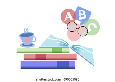 A stack of books, open and closed. Blue cup with heart. Alphabet. Pile of colored books. Isolated.