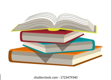 Stack of books, open textbook isolated objects. Knowledge and education. Design element of modern library, bookstore, literature lesson, educational institution vector concept