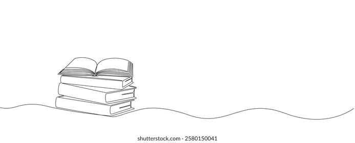 Stack of books with opened book on top in one continuous line. Symbol of library, education, literature, reading in one line style .Vector editable illustration