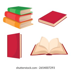 Stack of books with an opened book and red school book in different positions, perfect for education, reading, and learning themed illustrations