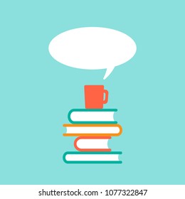 stack of books  with orange mug and white speech bubble flying out.  Isolated on powder blue background. Flat reading icon. Vector illustration. quotation or inspiration logo. tip, hint, prompt sign.