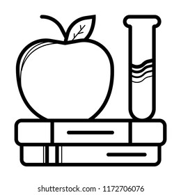 stack of books outline silhouette and apple. Isolated on white background. Flat minimalism icon. Vector illustration. Knowledge logo. Education pictogram. Black and white
