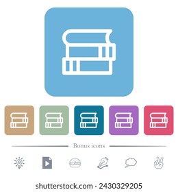 Stack of books outline white flat icons on color rounded square backgrounds. 6 bonus icons included