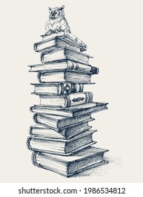 Stack of books and an owl on top. Concept of education, writing, study, literature, wisdom