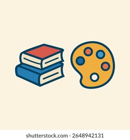 Stack of books and paint palette vector icon for creative learning, school education materials, and art classroom illustrations in flat style